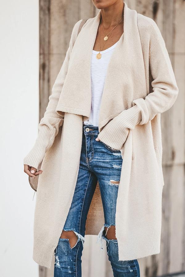 Long Sleeve Solid Color Lapel Cardigan