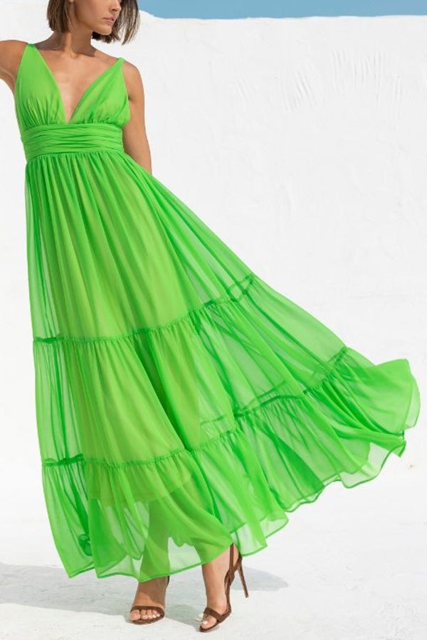 Refreshing forest green pleated deep V-neck high-waist dress