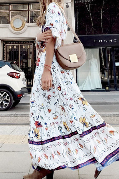 Lavender Flavor Printed Long Sleeve Button A-line Maxi Dress