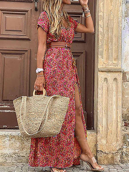 Boho Style V-neck Floral Belt Dress (7 colors)