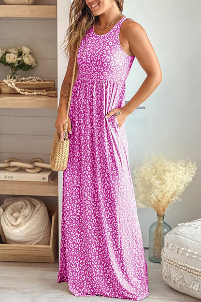Leopard Print Floor Length Sleeveless Dress With Pockets