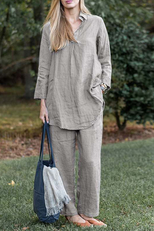 Solid color elegant retro loose lapel long sleeve shirt wide leg pants casual suit