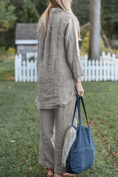 Solid color elegant retro loose lapel long sleeve shirt wide leg pants casual suit